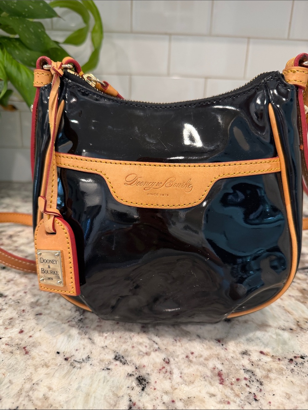 Dooney & Bourke Black Patent Crossbody with Tan Trim - Picture 10 of 15